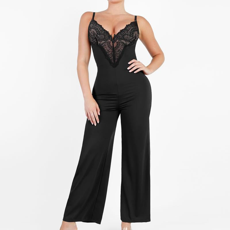 Popilush Lace Built-In Shapewear Set Deep V-Neck Maxi Dress or Wide Leg Jumpsuit Tummy Control Cocktail Party#Tiktokshopbacktoschool